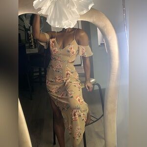 Floral Cold Shoulder Dress in Beige